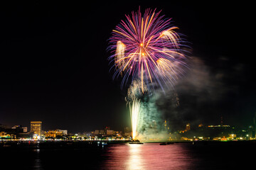 Brilliant red fireworks explode against a dark night sky, illuminating a cityscape below. Vibrant...