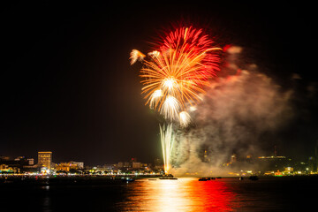 Brilliant red fireworks explode against a dark night sky, illuminating a cityscape below. Vibrant bursts and smoke create a festive, dynamic atmosphere, capturing the excitement of celebration.