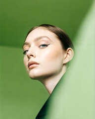 Confident Woman in Green Tones with High-Fashion Gaze