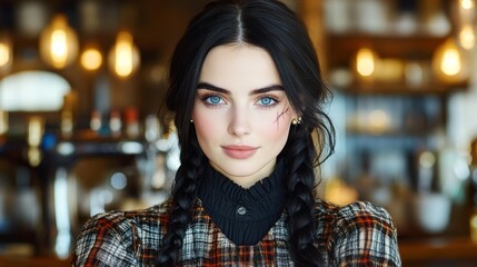 Obraz premium A young woman with striking blue eyes and braided hair poses confidently in a cozy café decorated with warm lighting