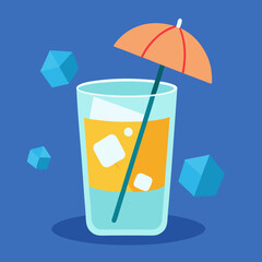 A glass with ice inside and umbrella on top