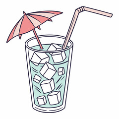 A glass with ice inside and umbrella on top