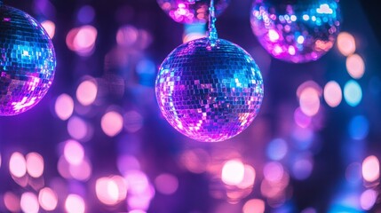 Vibrant new year's eve party background with shimmering disco balls and purple-blue lights, creating an energetic nightlife atmosphere for celebrations and festive events