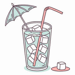 A glass with ice inside and umbrella on top
