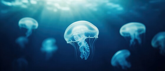 Naklejka premium A serene underwater scene featuring graceful jellyfish floating in the ocean.