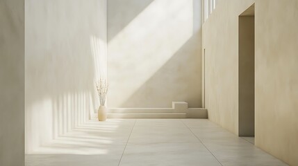 Obraz premium Minimalist white interior with sunbeams and a vase of dried flowers.