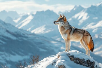 Fototapeta premium A lone wolf stands on a snowy mountain peak, gazing out at the vast, snow-capped peaks in the distance.