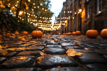 A charming cobblestone street decorated with pumpkins and warm lights for autumn festivities.