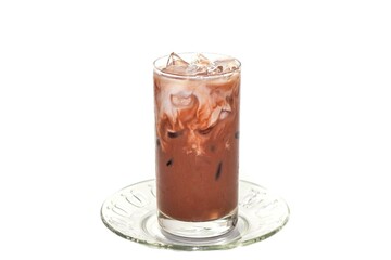 Ready for drink with ice mocha serving on glass in white background with isolated concept.
