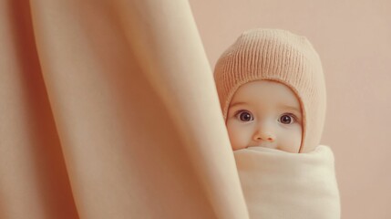 A cute baby girl wearing a knitted hat peeks out from behind a curtain.