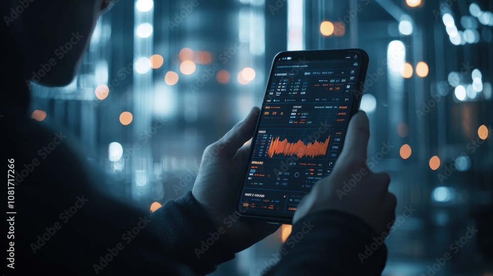 Poster a man's hands hold a smartphone displaying a stock market graph in front of a blurred cityscape back