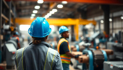 Safety Inspector clad in reflective orange uniform observes production floor operations clipboard in hand ensuring safety and operational efficiency are maintained.