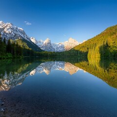 Fototapeta premium Serene Lake Nestled Between Snow-Capped Peaks and Lush Forests, Reflecting the Sunshine and Surrounding Scenery on Its Glassy Surface During Early Morning