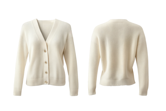 Plain women's soft cream cardigan mockup, front and back view. transparent background