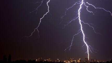 Electric Cityscape: Stunning Lightning Storm Illuminating Urban Landscape with Energy - Ultra-Detailed Night Scene