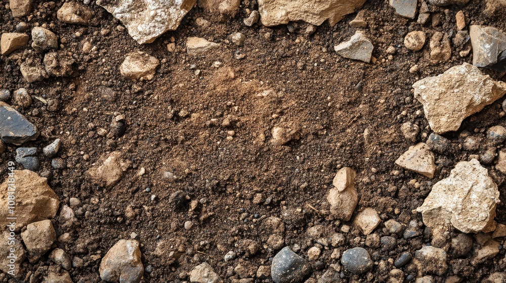 Poster close-up photo of dark soil and rocks. perfect for a background or texture for a design project.