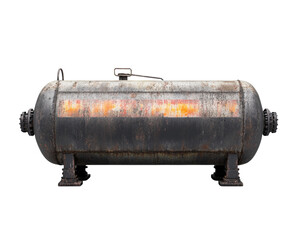 Rusty industrial storage tank with weathered surface and sturdy legs, showcasing vintage design. Ideal for industrial themed projects or decor