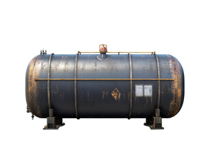 Large industrial storage tank with rust and warning labels, used for holding liquids or gases