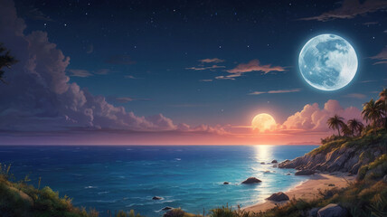 Full moon over a colorful blue sky at night above a coastline