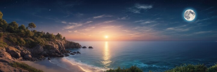 Full moon over a colorful blue sky at night above a coastline