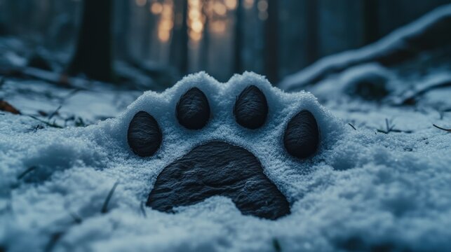 A large paw print in the snow in a forest.
