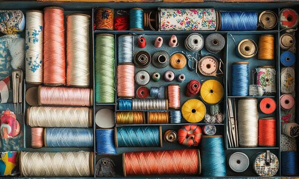 A colorful assortment of spools and threads organized in a sewing box for crafting.