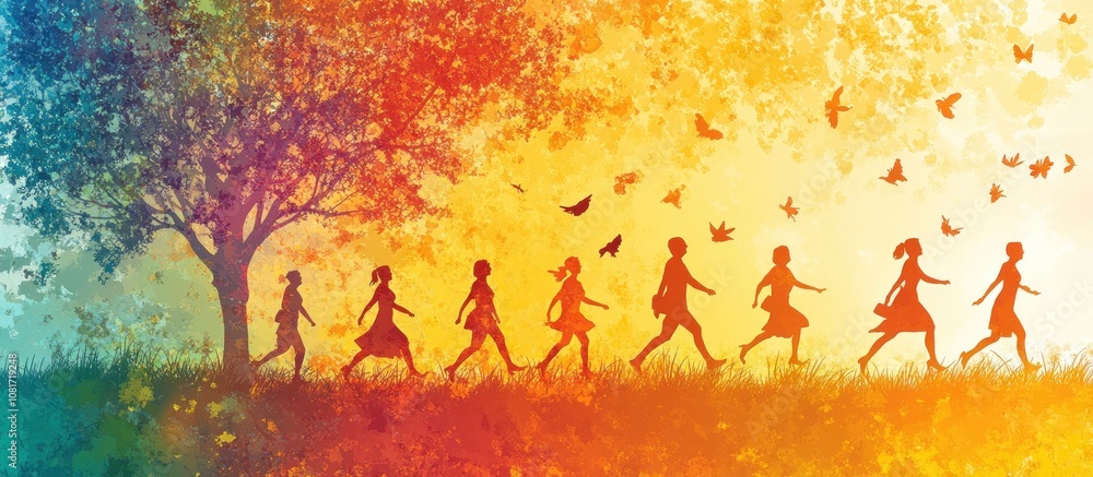 Poster a group of people walking in silhouette through a colorful meadow with a large tree behind them and 