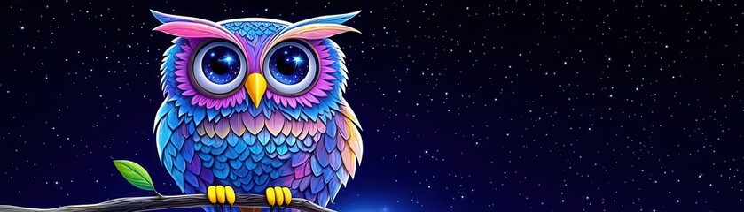 Obraz premium Colorful owl with big, curious eyes, perched on a moonlit branch, starry night background, magical and charming