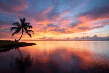 A serene sunset over calm waters with a silhouette of a palm tree.