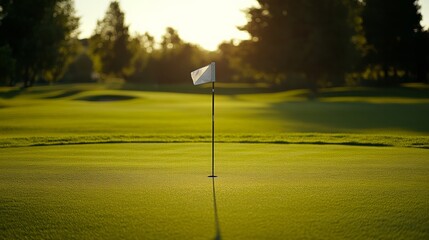 A golf course flagstick and hole cup, outdoor setting with green fairway, Lush style