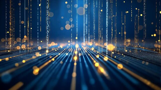 Glowing blue light particles with bokeh effect. Futuristic technology theme. Abstract digital background with copy space for design and print.