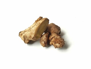 Fresh ginger isolated on white background. Vegetarian cuisine, Food ingredient 