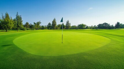 Obraz premium A golf course green with the flagstick and hole, outdoor setting with a clear horizon, Elegant style