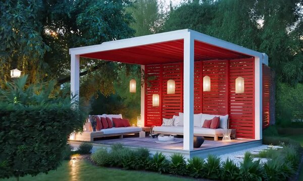 Modern gazebo with red and white walls surrounded by lush green plants
