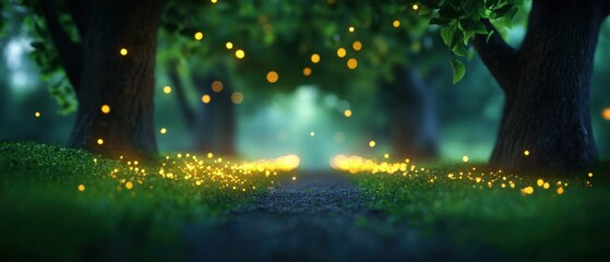 Naklejka premium A magical pathway illuminated by glowing fireflies in a serene forest.