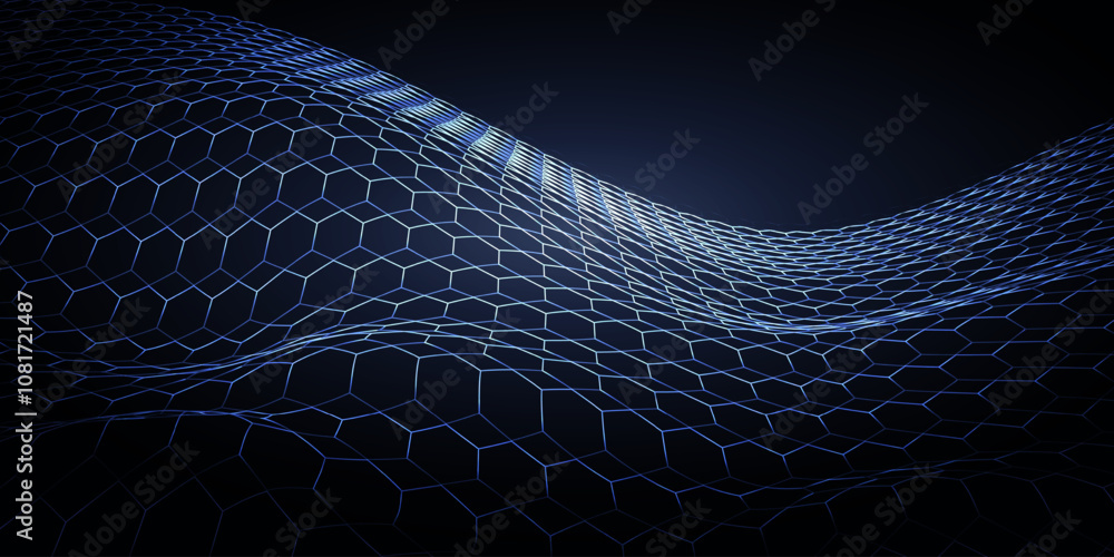 Poster geometric hexagon pattern lines wavy on dark background. digital tech background vector