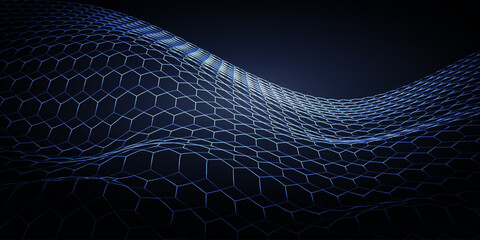 Geometric hexagon pattern lines wavy on dark background. digital tech background vector
