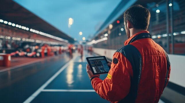 A Racing Team Member Reviews Data on a Tablet at a Track