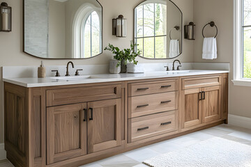 Modern bathroom with wooden cabinets and lights interior design