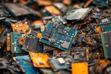 Obraz premium Pile of discarded circuit boards. This image depicts the growing problem of electronic waste and the need for responsible recycling.