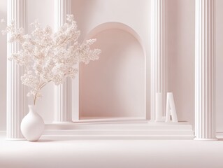 A serene minimalist interior featuring elegant columns and a decorative vase.