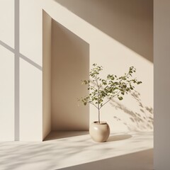 A minimalist interior featuring a potted plant casting shadows on a wall.