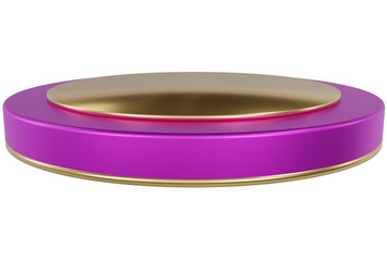 Purple and gold pedestal display platform with tiered modern podium stand. Empty Exhibition stage background or empty product shelves.