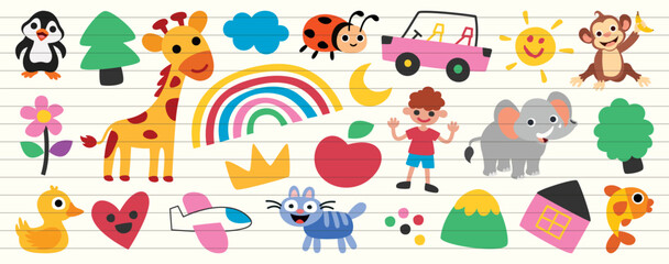 Fototapeta premium Hand Drawn Childish Characters And Objects