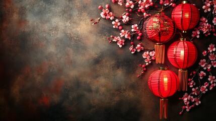 Festive chinese new year background with red paper lanterns, vibrant decorations, and traditional symbols for a joyful celebration of the lunar new year