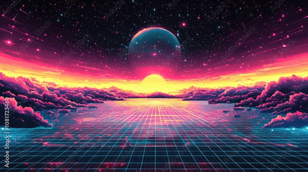 Poster retro synthwave sunset with grid and planet.