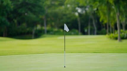 Obraz premium A golf course's flagstick holder, outdoor setting with green backdrop, Tranquil style