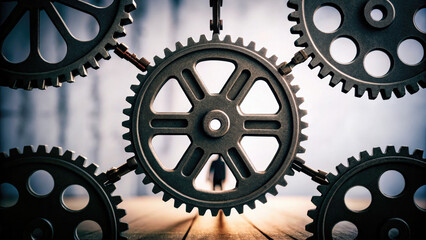 Large interconnected network of gears symbolizing corporate competition, with one oversized gear dominating the scene, representing antitrust concerns. Central gear with copy space for text.