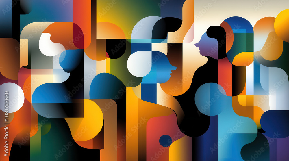 Poster vibrant abstract illustration featuring human silhouettes in various colors and shapes, creating dyn