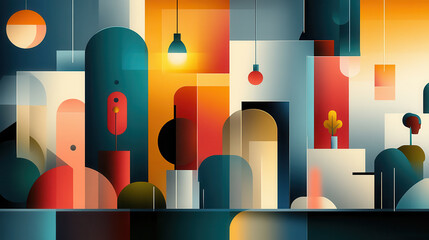 vibrant abstract illustration featuring geometric shapes, colorful lights, and stylized plants, creating modern artistic atmosphere
